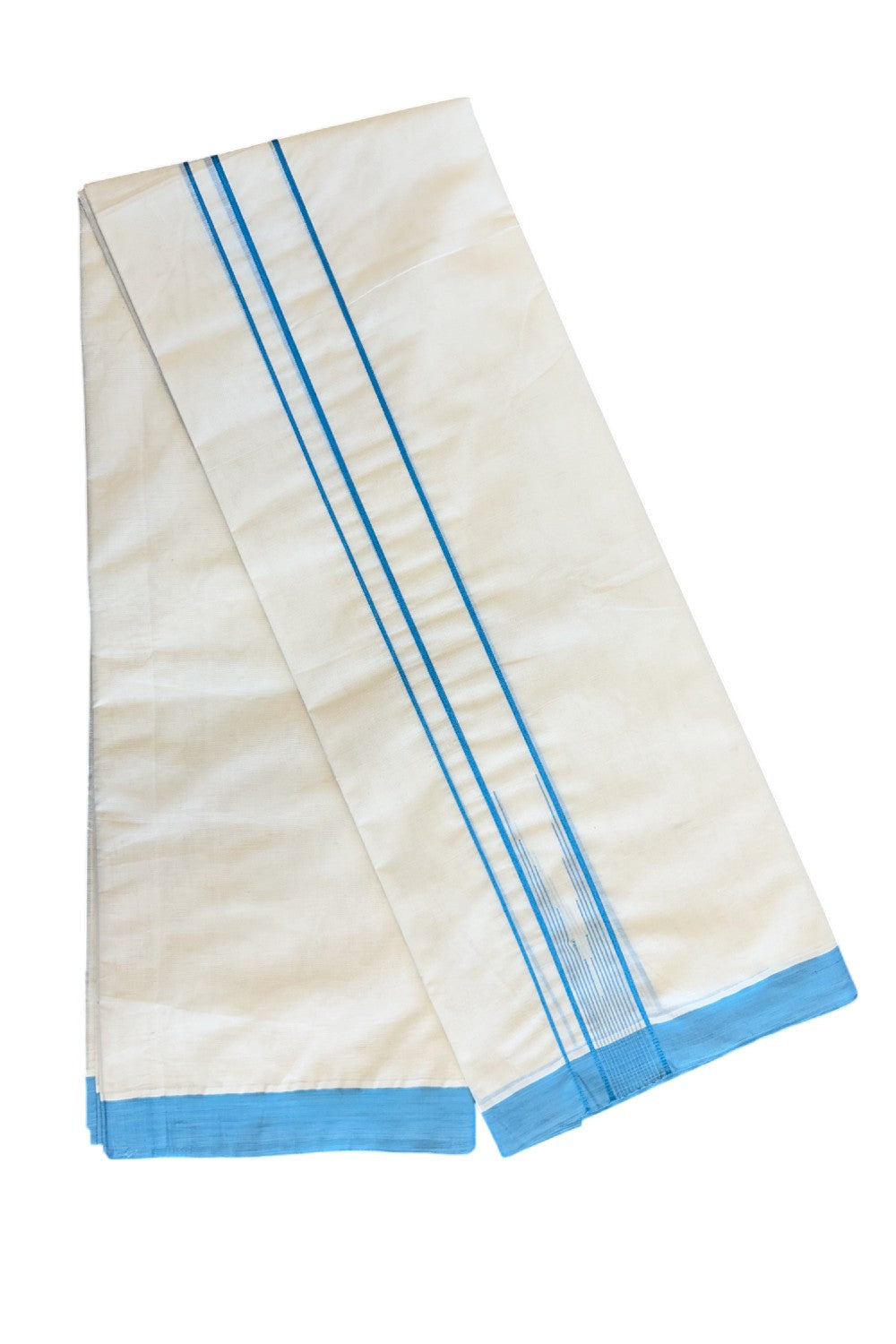 5% Discount!!! KaithariKada Balaramapuram  Double Off white - (Unbleached) Mundu/Dhoti - 80X90 - 2.25 inch Puliyilakkaara heavy chutty Sky blue stripes - 14KK5037KAI