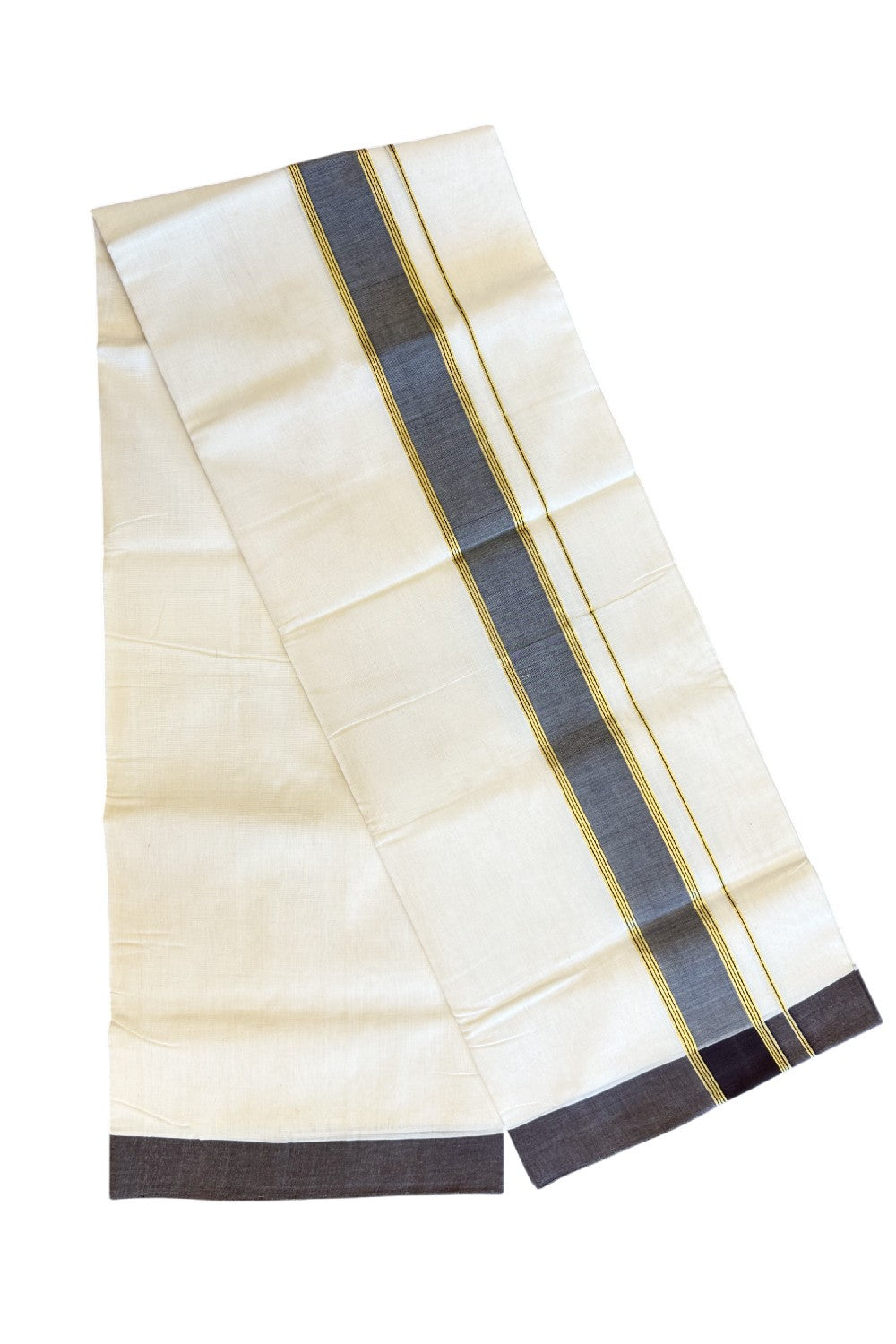 21% Discount KaithariKada HANDLOOM Unakkupaav Balaramapuram - 100% PURE Cotton Off White (Unbleached) Double Mundu/Dhoti - 2.75 inch Kasavu & Black Brown  Thick Kara-219