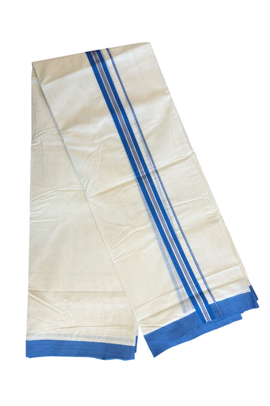 5% Discount New!! KaithariKada Balaramapuram 100% Cotton Double Off white -(Unbleached)- Mundu/Dhoti - 100x100 - 1.75inch Electric Blue & Silver Kasavu kara - 27