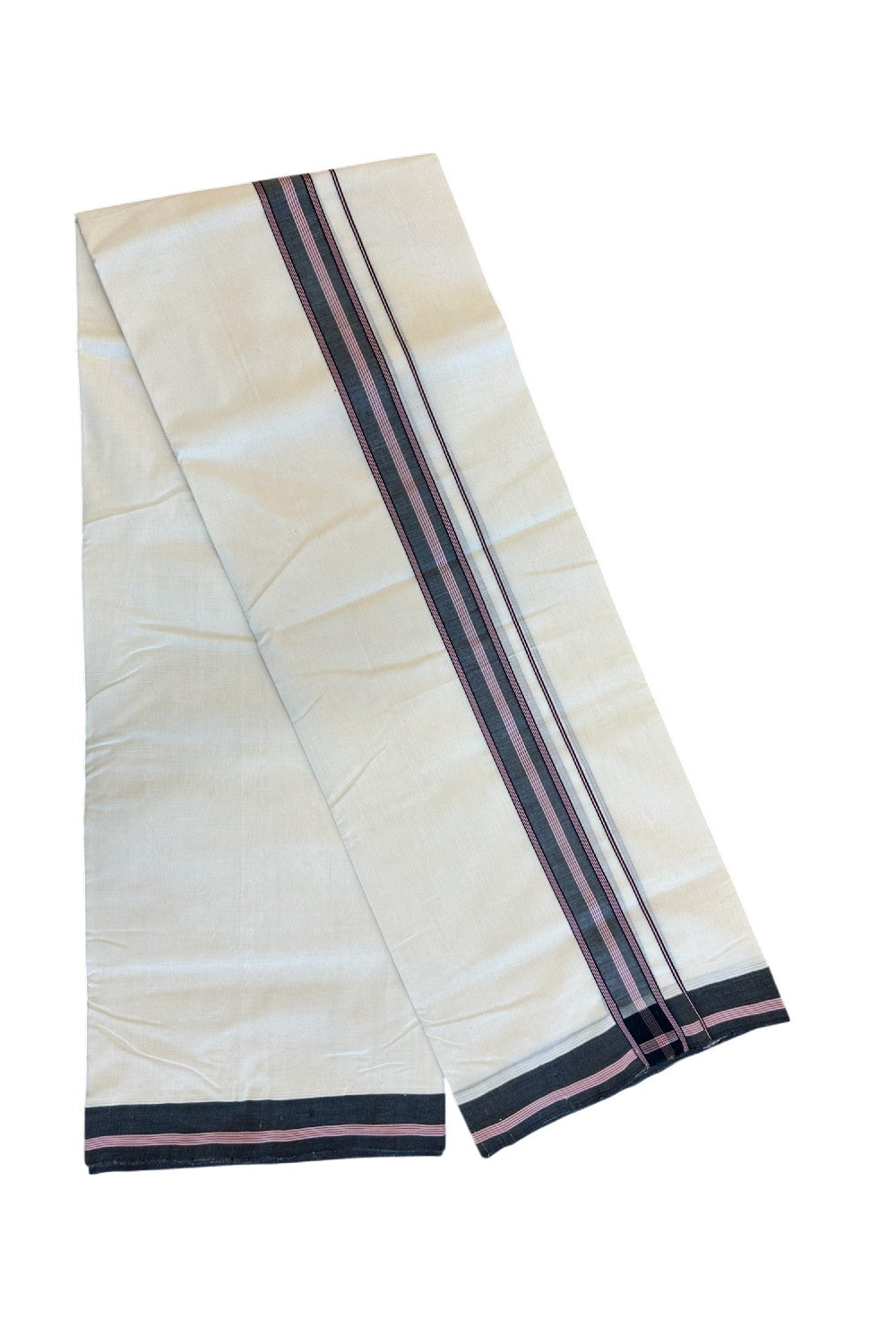 19% DISCOUNT!! KaithariKada HANDLOOM UNAKKUPAAV Balaramapuram - 100% PURE Cotton OFF White Double - (Unbleached) Mundu/Dothi - 2 inch Black & Pink Stripes Kara 3.82 meters - 14KK5049REA