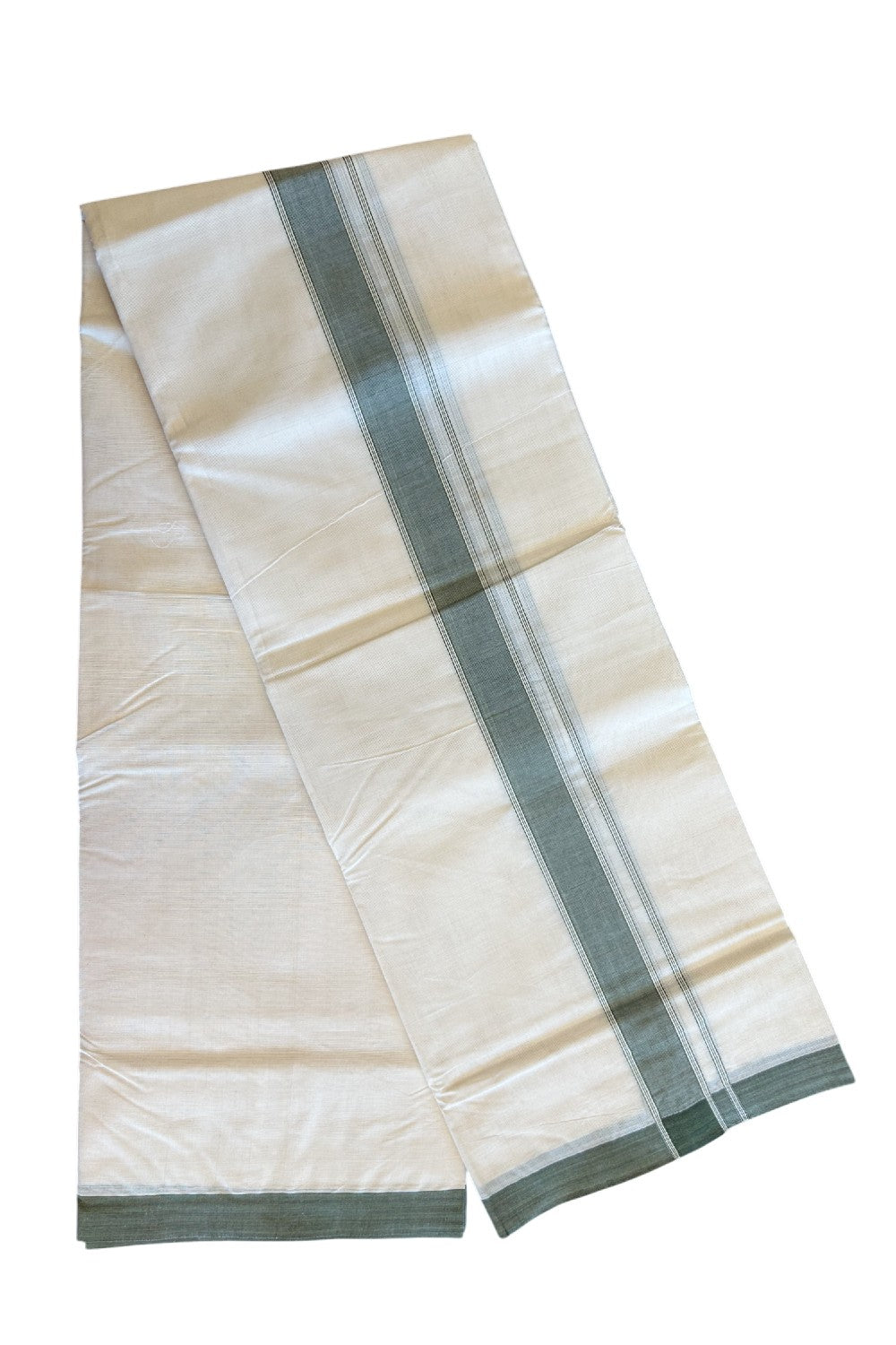 10% Discount KaithariKada Balaramapuram 100% Cotton Double Off white - (Unbleached) - Mundu/Dhoti-100x80 - 2.25.inch Seaweed Green Kara 3.75 mtr - 162