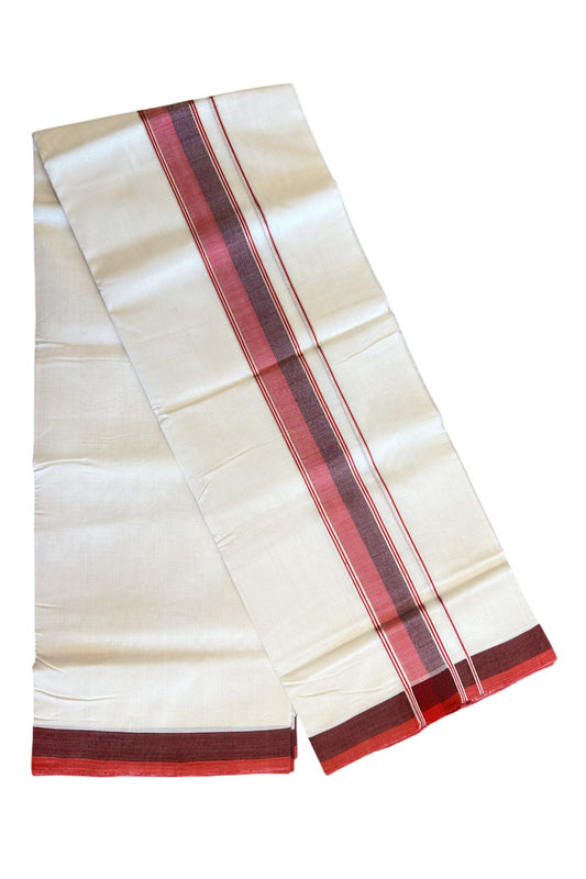 15% DISCOUNT! KaithariKada BALARAMAPURAM HANDLOOM UNAKKUPAAV - 100% PURE Cotton Off white (Unbleached) Double Mundu/Dhoti - 2.75 inch Silver Kasavu & Red Maroon Kara-82