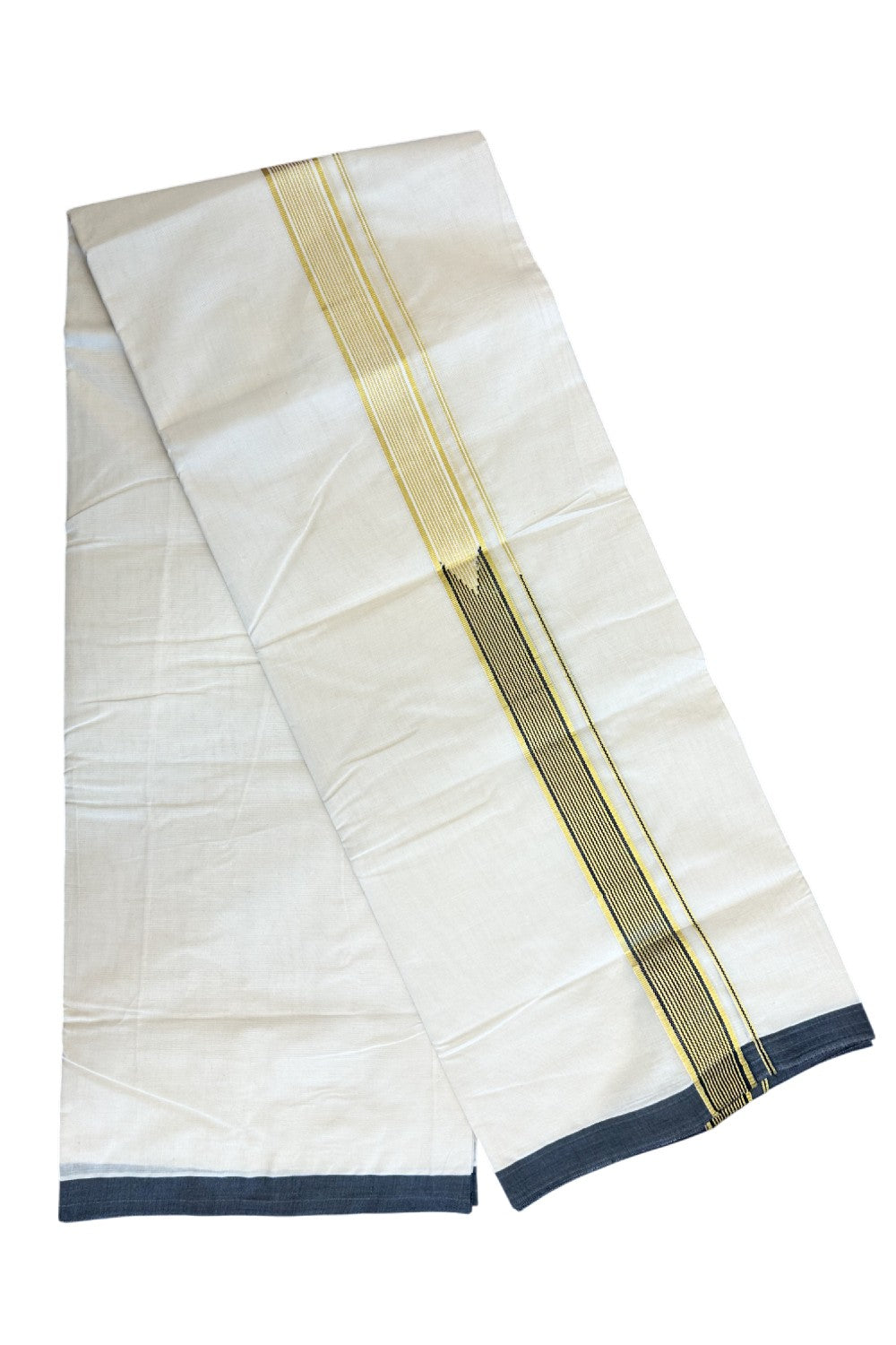 15% DISCOUNT! KaithariKada Balaramapuram 100% Cotton Double Off white - (Unbleached) Mundu/Dhoti-100x100 Chutty Heavy Designer Black & Kasavu 1.5 inch Kara- 151123ASH020.