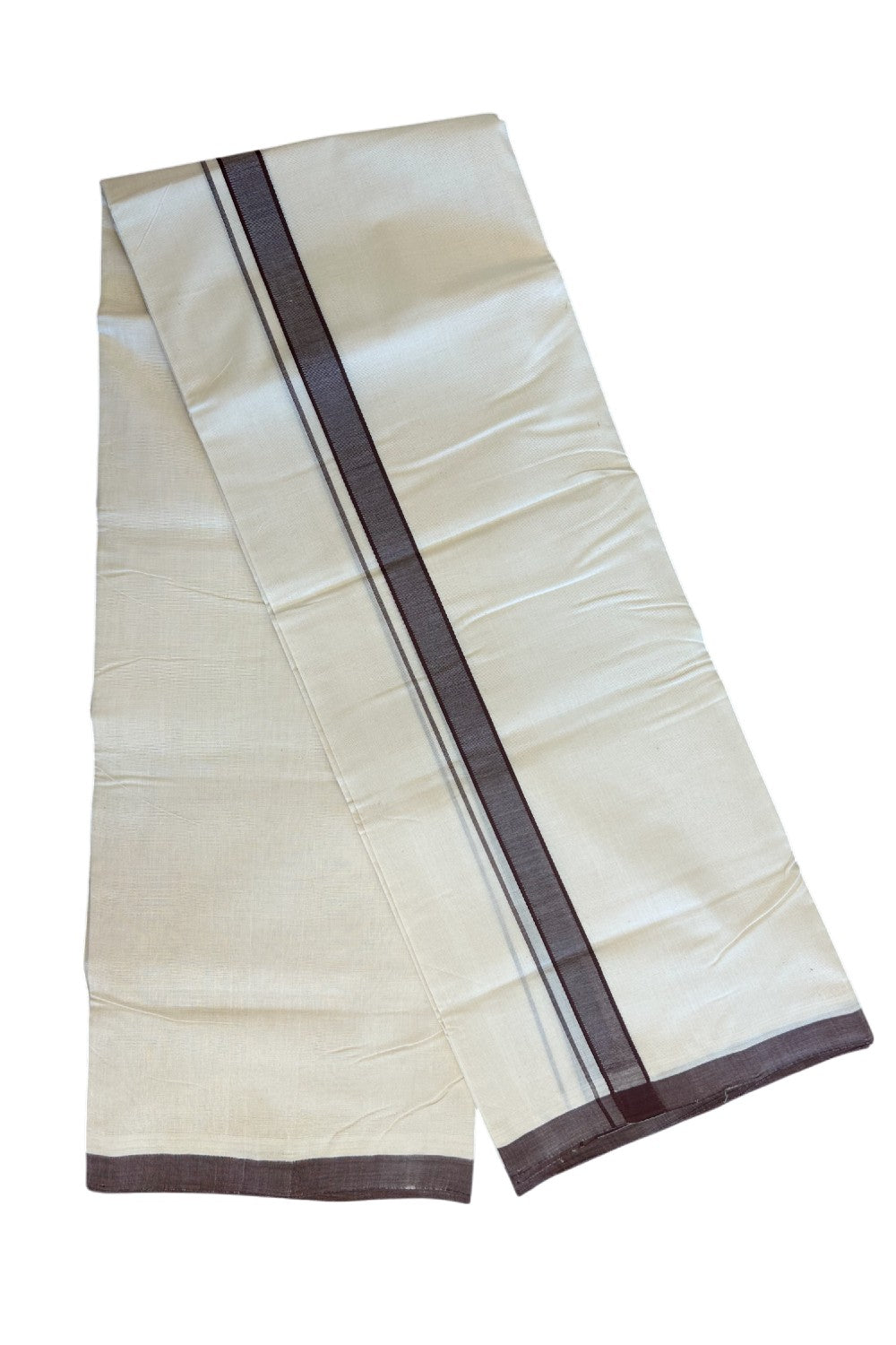 15% DISCOUNT! KaithariKada BALARAMAPURAM HANDLOOM Unakkupaav- 100% PURE Cotton 100x100 3.80 METER Double Mundu/Dhoti OFF WHITE (Unbleached)  - Dark Brown Kara