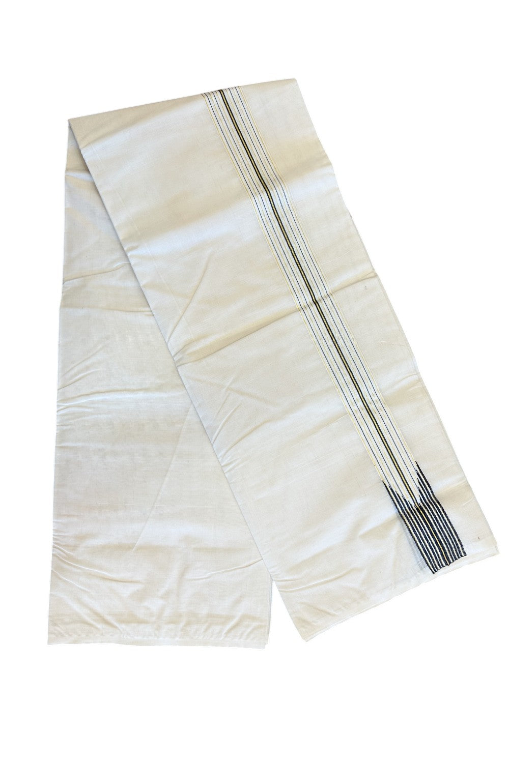 16% DISCOUNT ! KaithariKada 100% Cotton OFF WHITE - (Unbleached) Double Dhoti/Mundu- 12 Line Puliyilakkara Chutty Black & Kasavu Stripes- KK34ASH