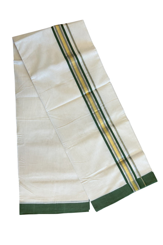 21% Discount KaithariKada HANDLOOM Unakkupaav Balaramapuram - 100% PURE Cotton Off White (Unbleached) - 100x100 Double Mundu/Dhoti - 2.25 inch Gold & Silver Kasavu Green Stripes Kara- 216