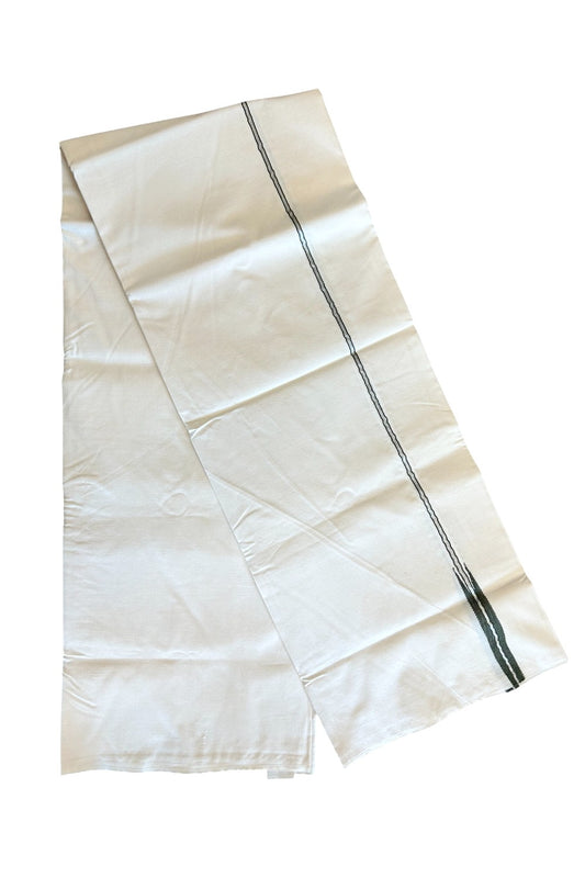 22% DISCOUNT ! KaithariKada Balaramapuram 100%  COTTON SINGLE OFF WHITE -(Unbleached) Mundu/Dhoti-100X100-  0.5 Inch Silver & Olive Green Chutty  (2 meter / 4 muzham) - 3KK411ASH