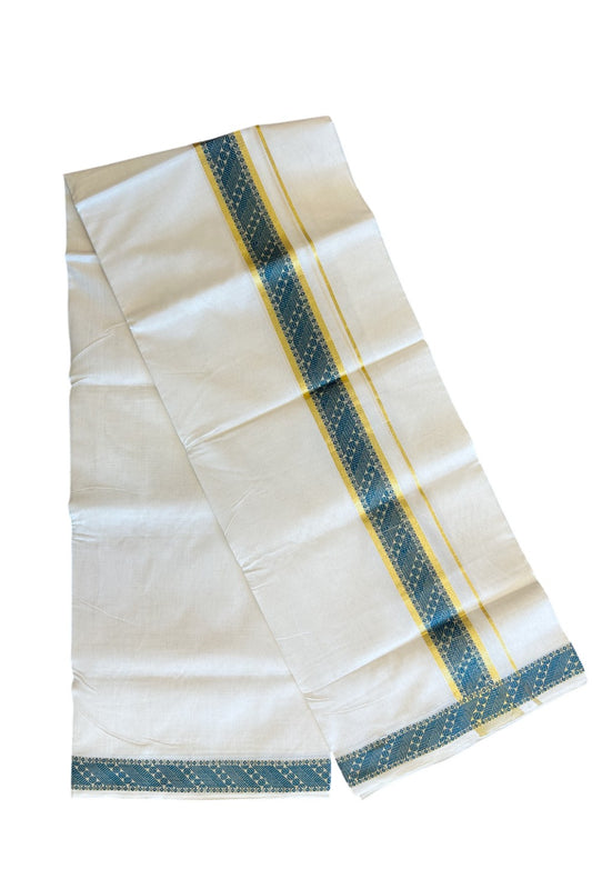 30% Discount!!! KaithariKada HANDLOOM UNAKKUPAAV Balaramapuram - 100% PURE Cotton off white (Unbleached) 100x100 - Double Mundu/Dhoti - 2.75 inch Kasavu & Peacock Blue pattern kara - 13KK5096YAR