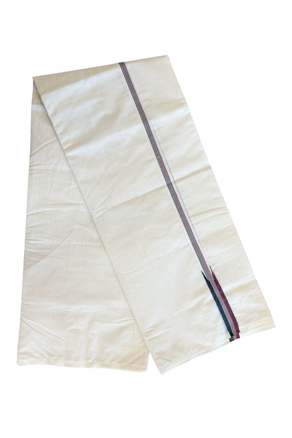 SHORT DHOTI SPECIAL! Kaitharikada.com - 19% DISCOUNT ! KaithariKada Balaramapuram 100%  COTTON DOUBLE OFF WHITE - (Unbleached) Mundu/Dhoti-100X100- 0.75 Inch Kara & 46 inches Height Puliyilakkara Maroon & Black Striped Chutty Kara - 14KK5101ASH