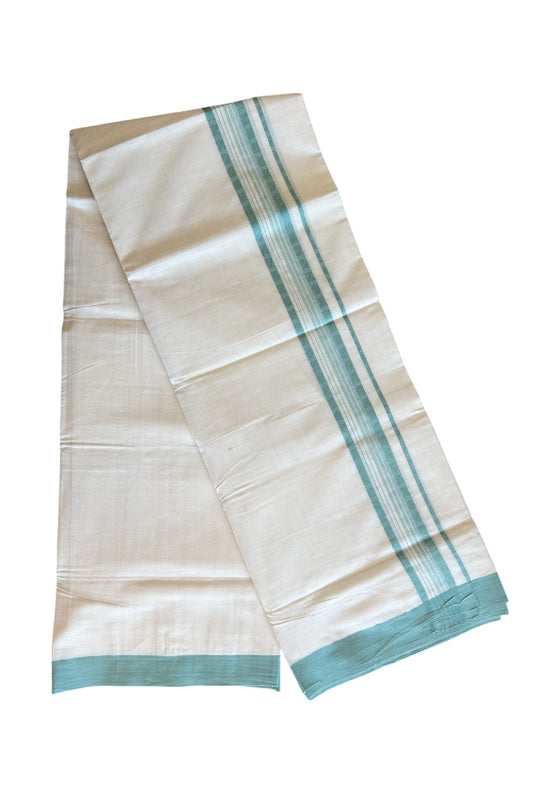 19% DISCOUNT! KaithariKada Balaramapuram 100% Cotton  Off white (Unbleached) Double Mundu/Dhoti-100x100 1.75inch Blue Green Striped Design kara - 14KK5110THI