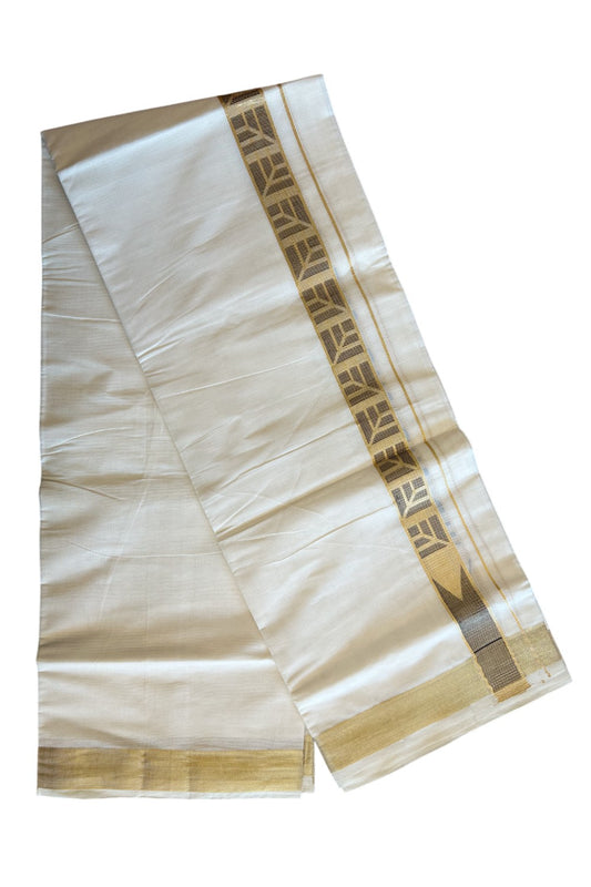 20% DISCOUNT ! KaithariKada Balaramapuram Mixed Cotton OFF White (Unbleached) Double Mundu/Dhoti - 80x80 Thread Mixed Cotton- 2.25 inch Gold kasavu & Brown design Chutty kara - 14KK5113PMC