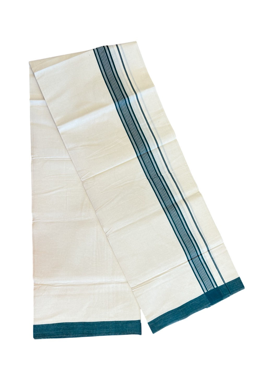 8% Discount ! Kaitharikada Balaramapuram 100% Cotton OFF WHITE SINGLE Mundu/Dothi (40s) - 2 inch Green & White shaded Stripes Kara (2 meter / 4 muzham) - 14KK5114THI