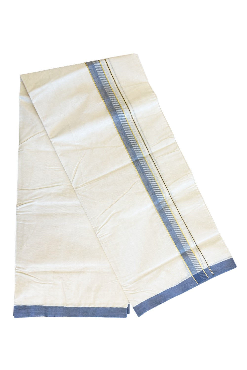 19% Discount !! KaithariKada - 100% PURE Cotton OFF White Double - (Unbleached) Mundu/Dothi -100x100 - 2 inch Ash Gray & Kasavu Striped Kara 4.50 Meters - 14KK5133ASH