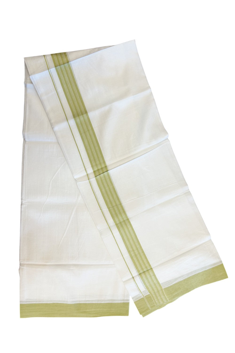 20% DISCOUNT! KaithariKada Balaramapuram 100% Cotton Double PURE white Mundu/Dhoti - 100x80 - 1.25 Inch Light Green Center Striped Kara - 14KK5135GAN