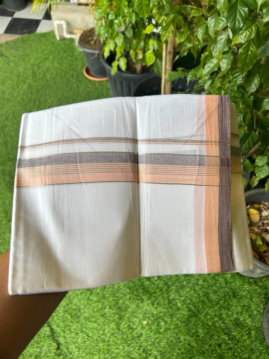 20% Discount !! KaithariKada Balaramapuram Double PURE WHITE Mundu/Dhoti- 100x80 - 1.5 inch Peach Brown Kara Silver Striped kara - 14KK5143PMC