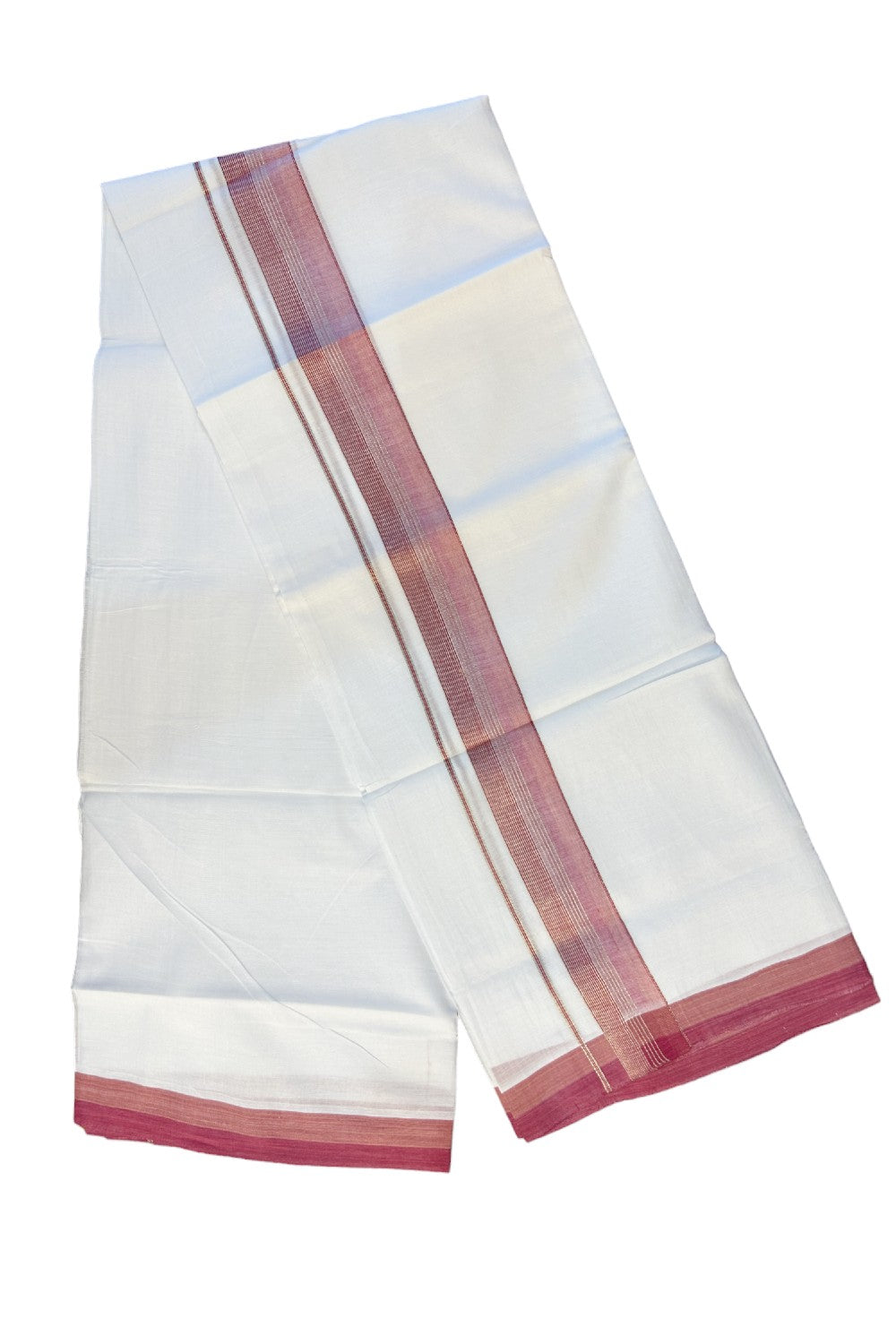 21% DISCOUNT!! Kaitharikada Balaramapuram 100% Cotton Ultra WHITE Double Mundu/Dothi-100x80   2.25 Inch Pink & silver striped Cotton Kara -14KK63VIN