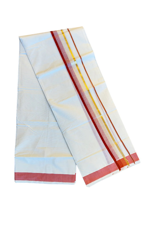 16% DISCOUNT!!! KaithariKada Balaramapuram 100%  Cotton off white - (Unbleached) Double  Mundu/Dhoti - 100X100  brick red & kasavu  shaded kara - 14KK82VIN