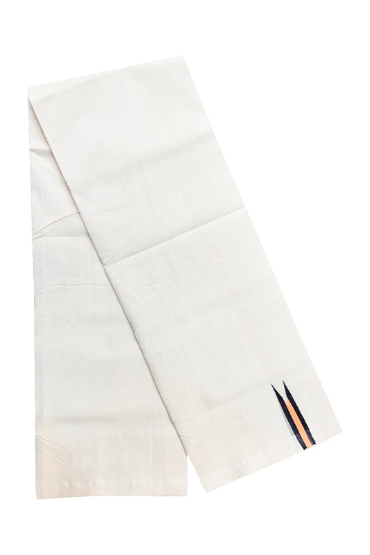 15% DISCOUNT! KaithariKada BALARAMAPURAM HANDLOOM Unakkupaav- 100% PURE Cotton 100x100 Double Mundu/Dhoti OFF WHITE (Unbleached) - PULIYILAKKARA Black+Peach 0.75 inch  Chutty KARA-14RAM