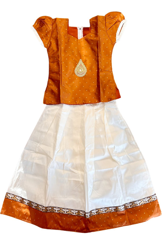 Midukki-Traditional South Indian Kids Pattu Pavada- Brown top offwhite skirt with brown border - Age 8 - KK8MID0014