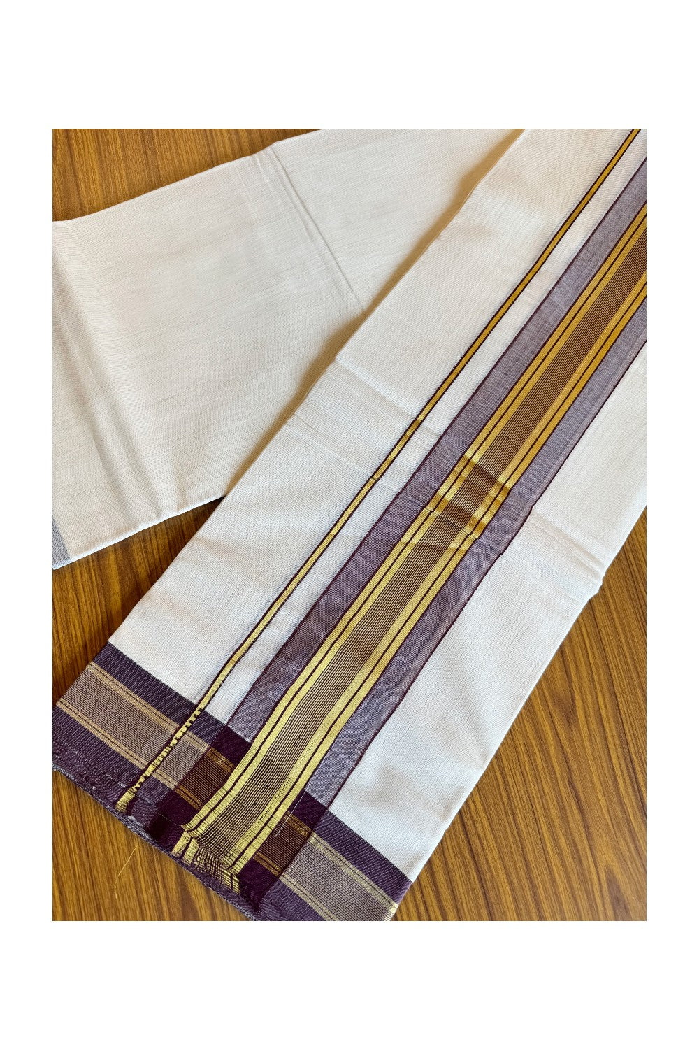 25% DISCOUNT!! KaithariKada HANDLOOM millpaav Balaramapuram - 100% PURE Cotton OFF White (Unbleached) Double Mundu/Dothi - 4 inch Dark maroon & Kasavu striped kara - 14KK206VIN