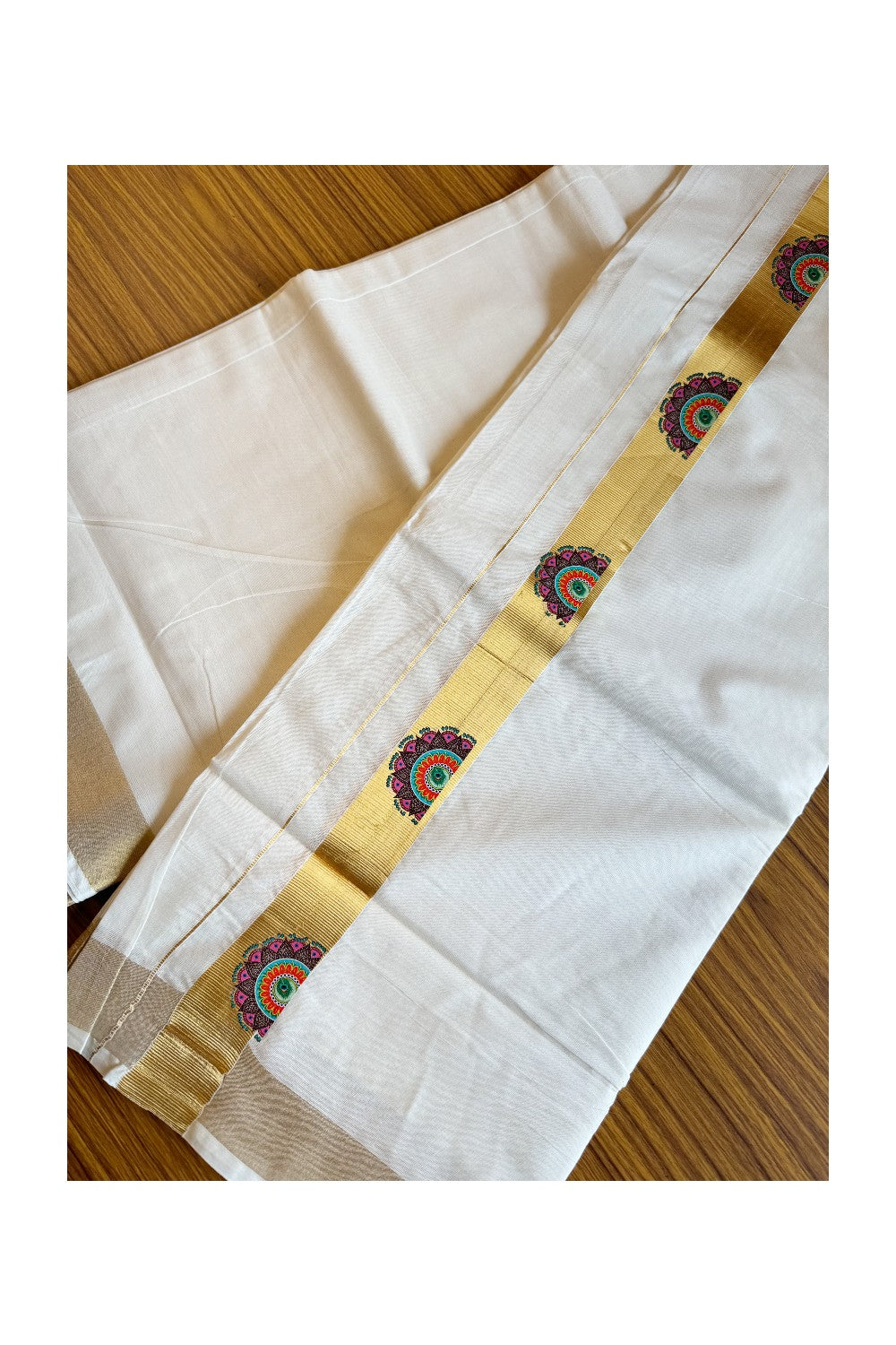 20% Discount !! KaithariKada Balaramapuram 100% Cotton Double Off white Mundu/Dhoti-80x72-  Hand Painted Flower & Kasavu Design - 14KK207PMC