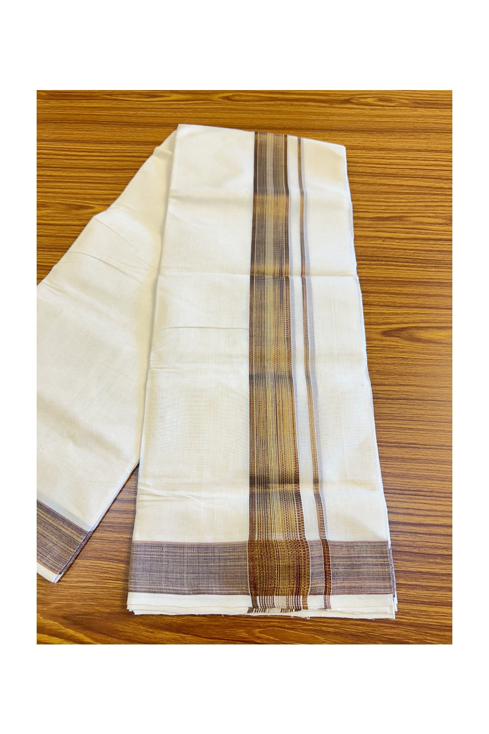 18% DISCOUNT!! KaithariKada HANDLOOM Millpaav Balaramapuram - 100% PURE Cotton OFF White Double Mundu/Dothi - 2.75 inch Brown & kasavu striped kara - 14KK410RAM