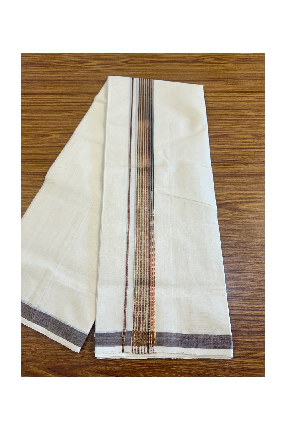 15% DISCOUNT!! KaithariKada HANDLOOM MILLPAAV Balaramapuram - 100% PURE Cotton OFF White - (Unbleached) Double Mundu/Dothi - 2.25 inch Brown & kasavu striped kara - 14KK453RAM