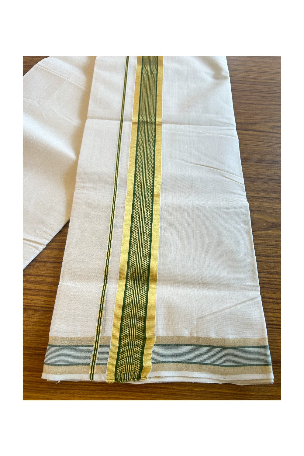 20% DISCOUNT!! KaithariKada HANDLOOM Millpaav Balaramapuram - 100% PURE Cotton OFF White - (Unbleached) Double Mundu/Dothi - 2.75 Inch Kasavu  & Green striped pattern Kara - 14KK456KK