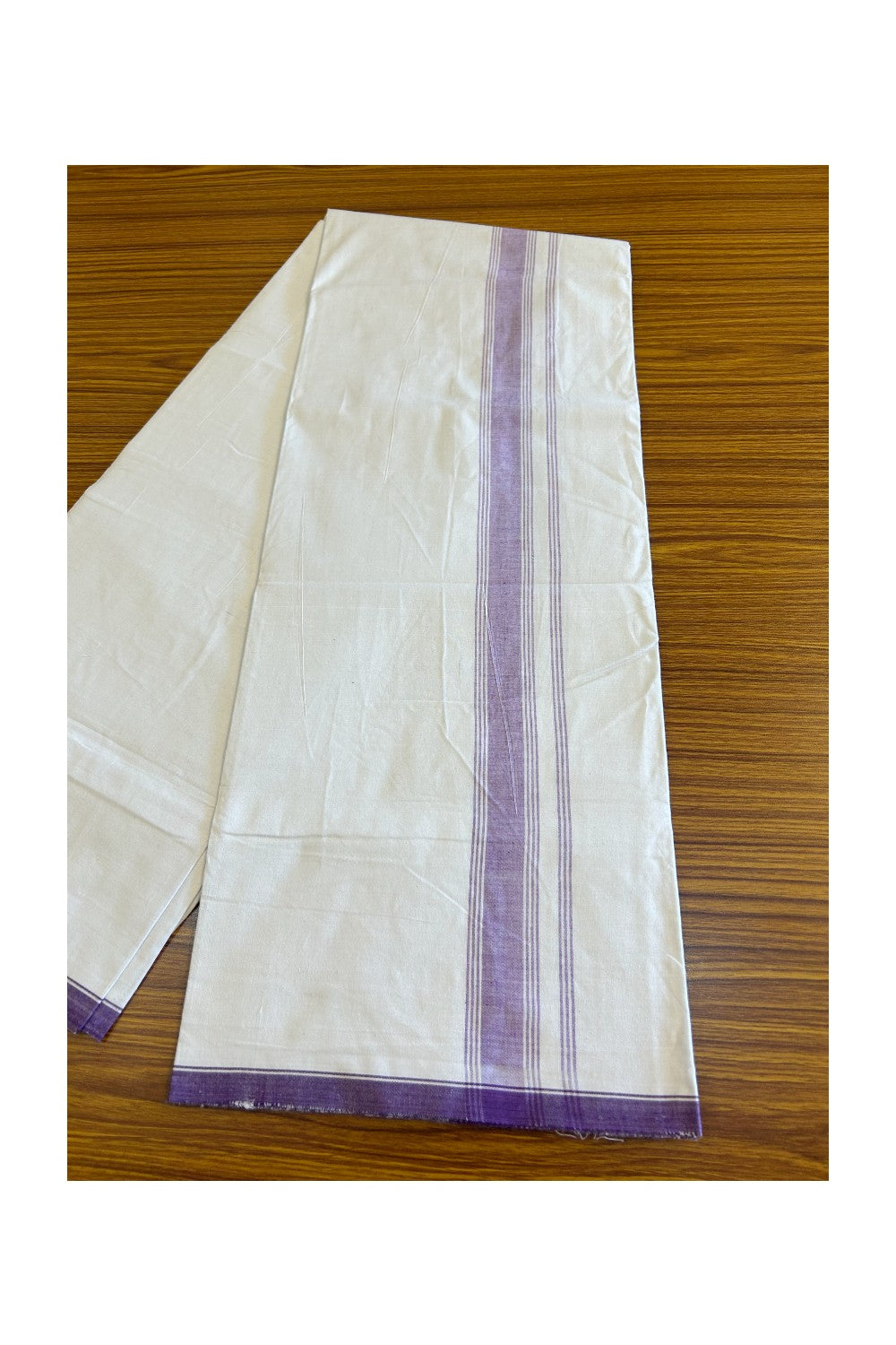 Ultimate HANDLOOM-19% Discount! - Kaitharikada Kalamachal-Government Sealed HALLMARKED-100% PURE COTTON! (80x80) Twisted Thread- Light WHITE SINGLE Mundu / Dhoti - 2.25 inch Lavender Violet Striped Kara - 14KK478KAL