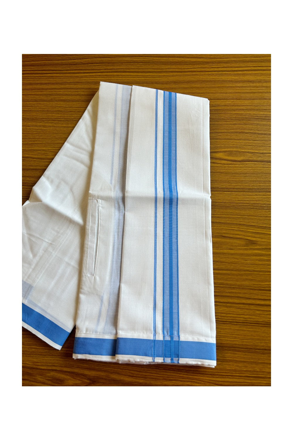 KaithariKada Balaramapuram COTTON SINGLE PURE WHITE VELCRO Mundu/Dhoti - 1.75inch Blue kara - 14KK485SRI