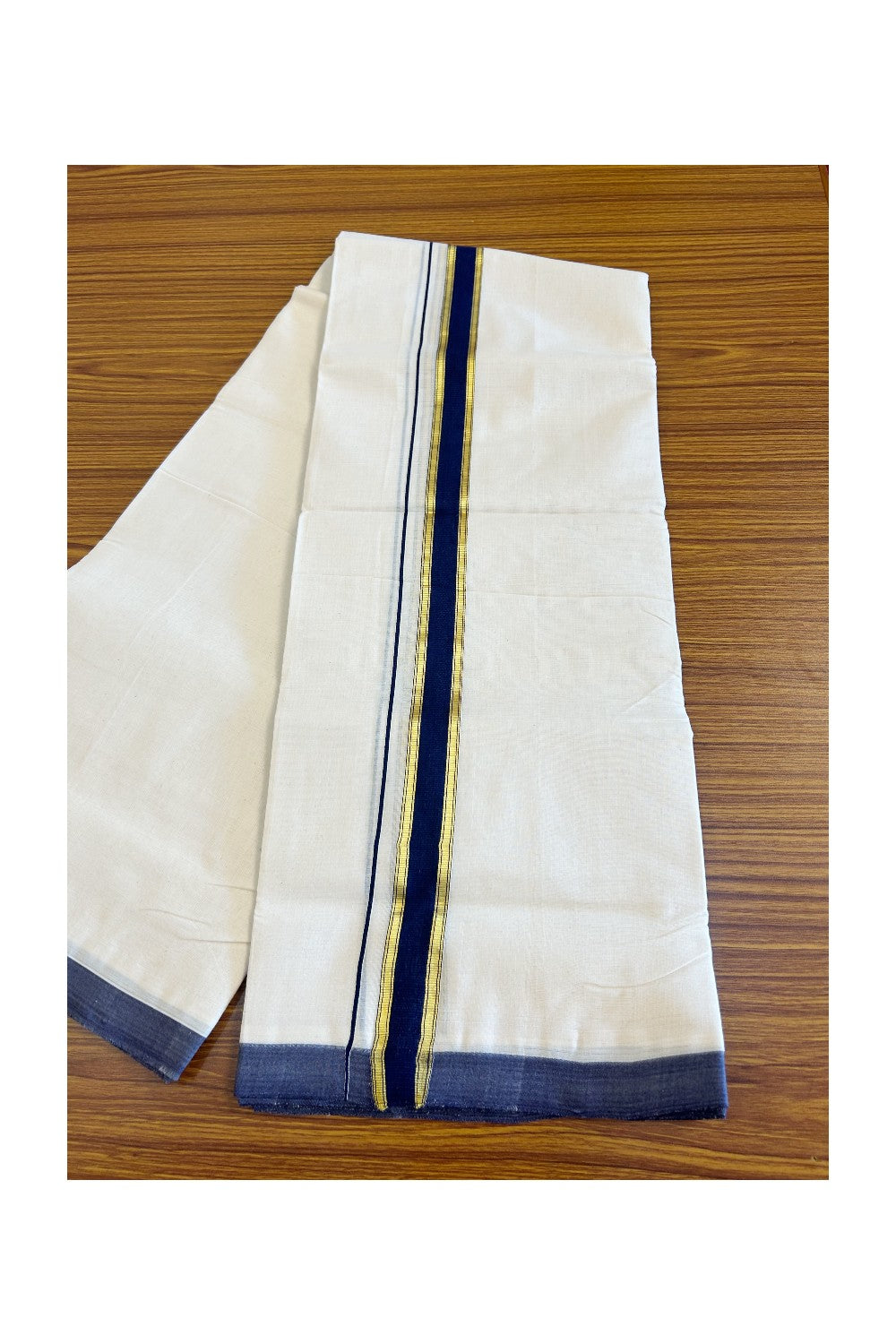 21% Discount KaithariKada Balaramapuram Handloom 100% Cotton Double Off white Mundu/Dhoti-100X100- 2 inch Gold Kasavu & Navy Blue Kara.- 14KK498KK