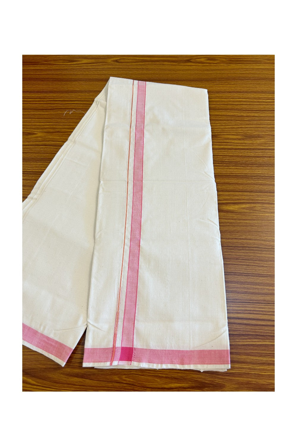 32% Discount KaithariKada 100% Cotton Balaramapuram HANDLOOM Single Mundu/Dhoti - Off White - (Unbleached) Puliyilakara chutty Kasavu & 1.25 inch Pink Kara - 14KK499KK