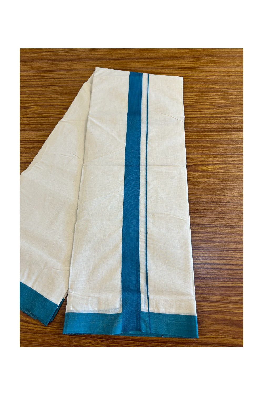 10% Discount!!! KaithariKada Balaramapuram 100% Cotton Double Off white Mundu/Dhoti-100x100 2  inch Peacock Blue Kara - 14KK500KK