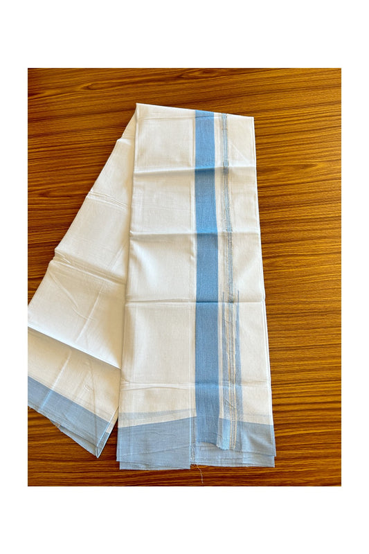 Kaitharikada  Balaramapuram 100% Pure Cotton PURE WHITE Double Mundu/Dothi - 80x92 - 1.5 Inch Sky Blue & Silver Chutty kara - 14KK5022VAN