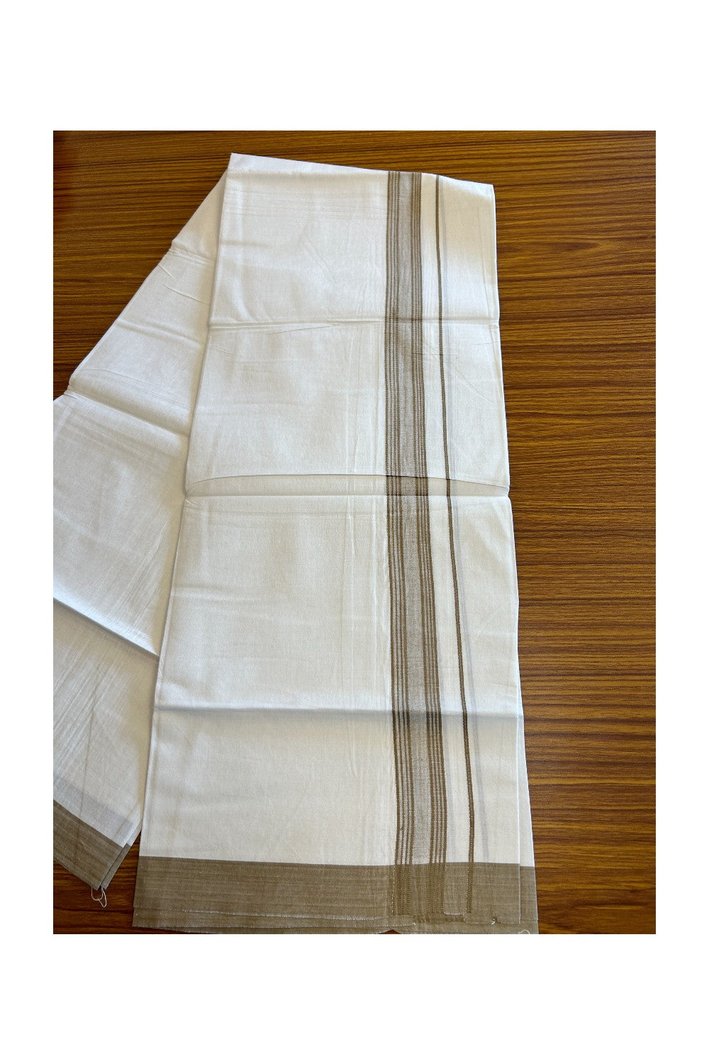 8% Discount ! Kaitharikada Balaramapuram 100% Cotton PURE WHITE SINGLE Mundu/Dothi- 1.75 inch Sand Brown Striped Kara - 14KK5032GAN