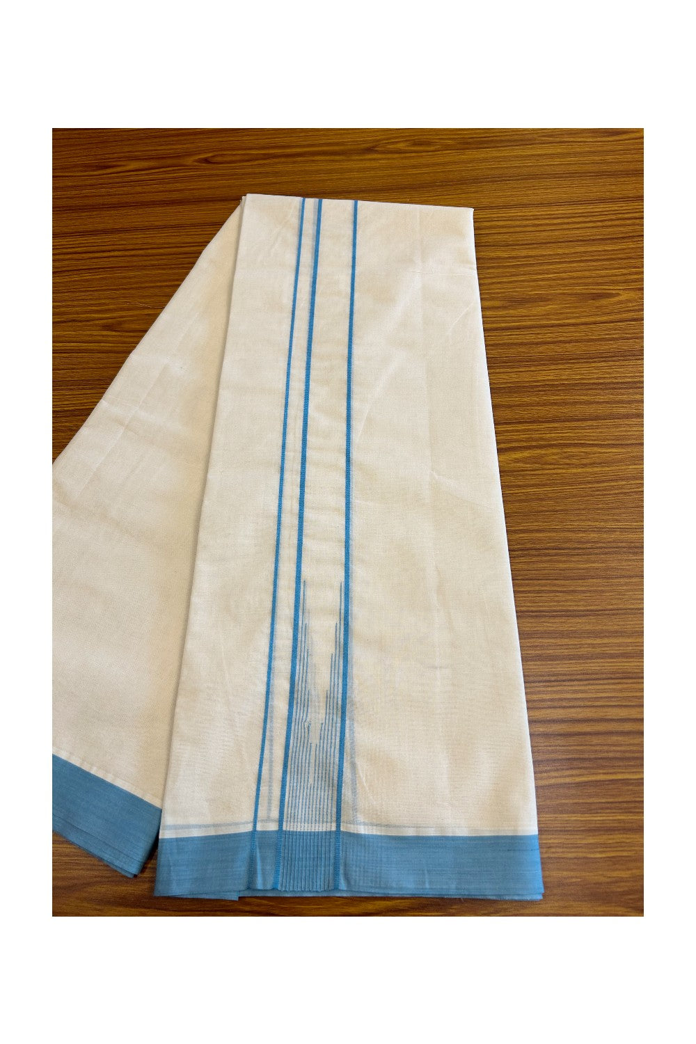 5% Discount!!! KaithariKada Balaramapuram  Double Off white - (Unbleached) Mundu/Dhoti - 80X90 - 2.25 inch Puliyilakkaara heavy chutty Sky blue stripes - 14KK5037KAI