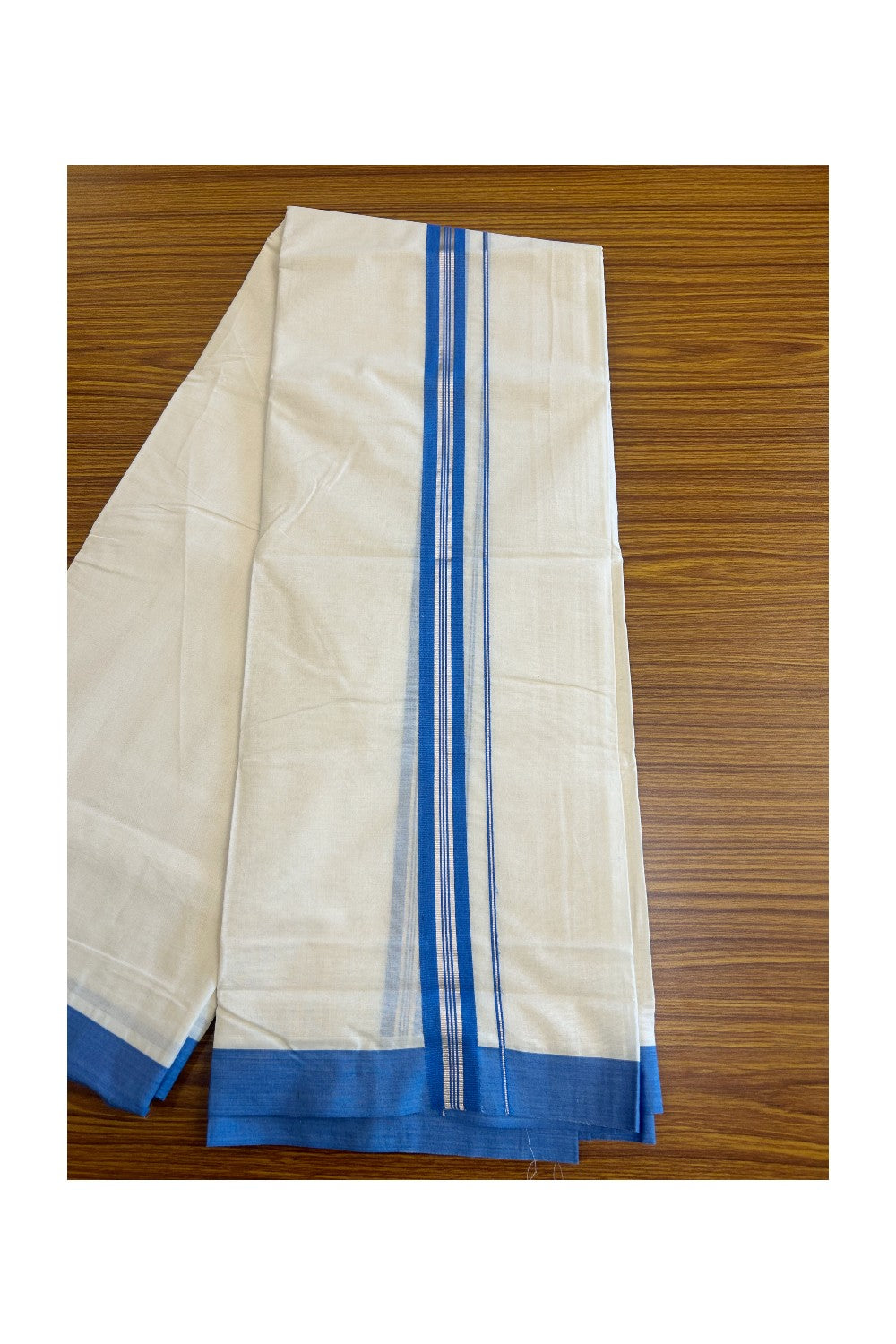 5% Discount New!! KaithariKada Balaramapuram 100% Cotton Double Off white -(Unbleached)- Mundu/Dhoti - 100x100 - 1.75inch Electric Blue & Silver Kasavu kara - 27