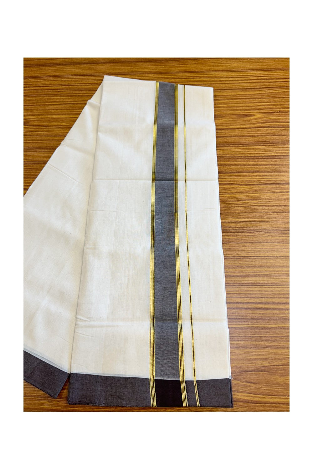 21% Discount KaithariKada HANDLOOM Unakkupaav Balaramapuram - 100% PURE Cotton Off White (Unbleached) Double Mundu/Dhoti - 2.75 inch Kasavu & Black Brown  Thick Kara-219