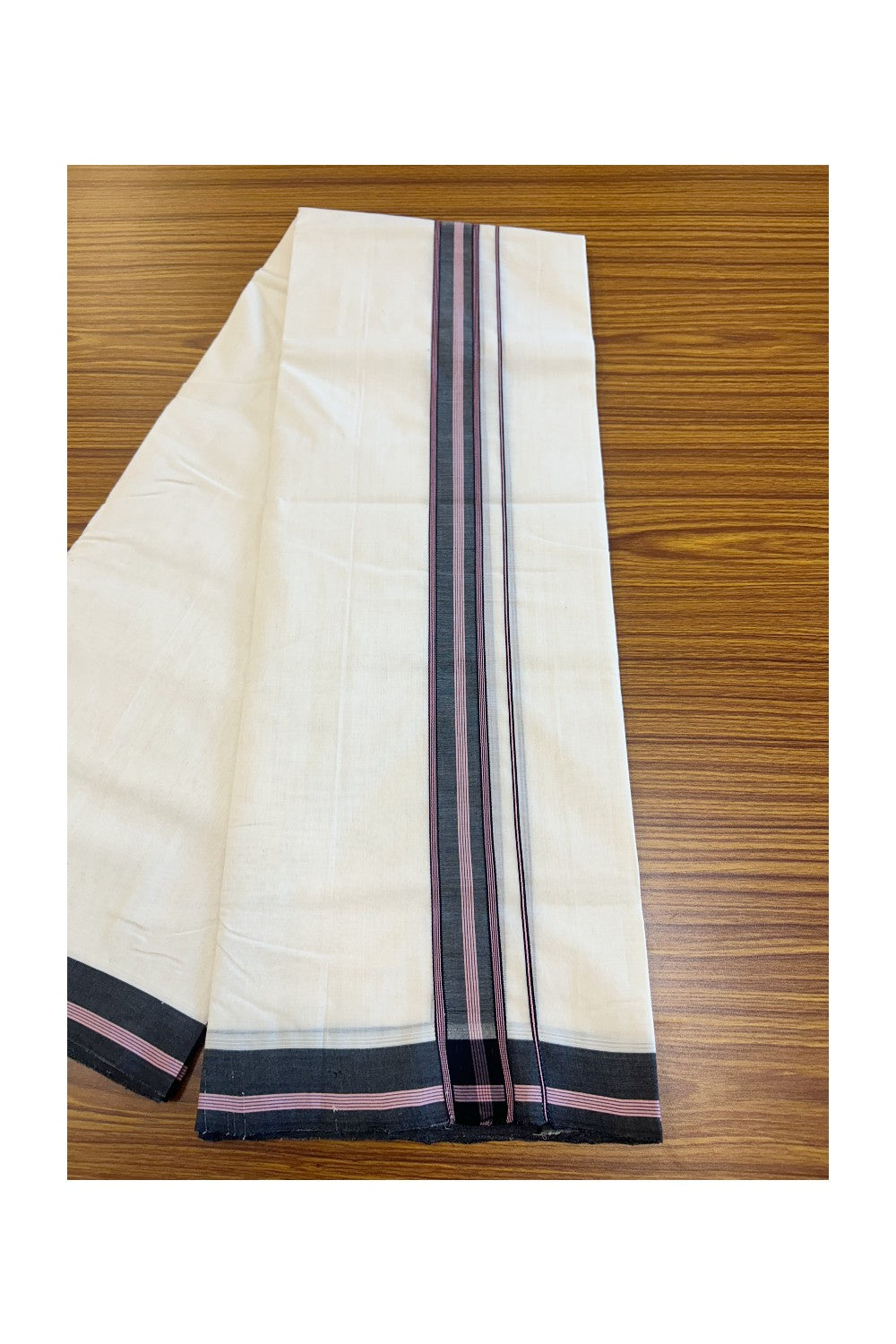 19% DISCOUNT!! KaithariKada HANDLOOM UNAKKUPAAV Balaramapuram - 100% PURE Cotton OFF White Double - (Unbleached) Mundu/Dothi - 2 inch Black & Pink Stripes Kara 3.82 meters - 14KK5049REA