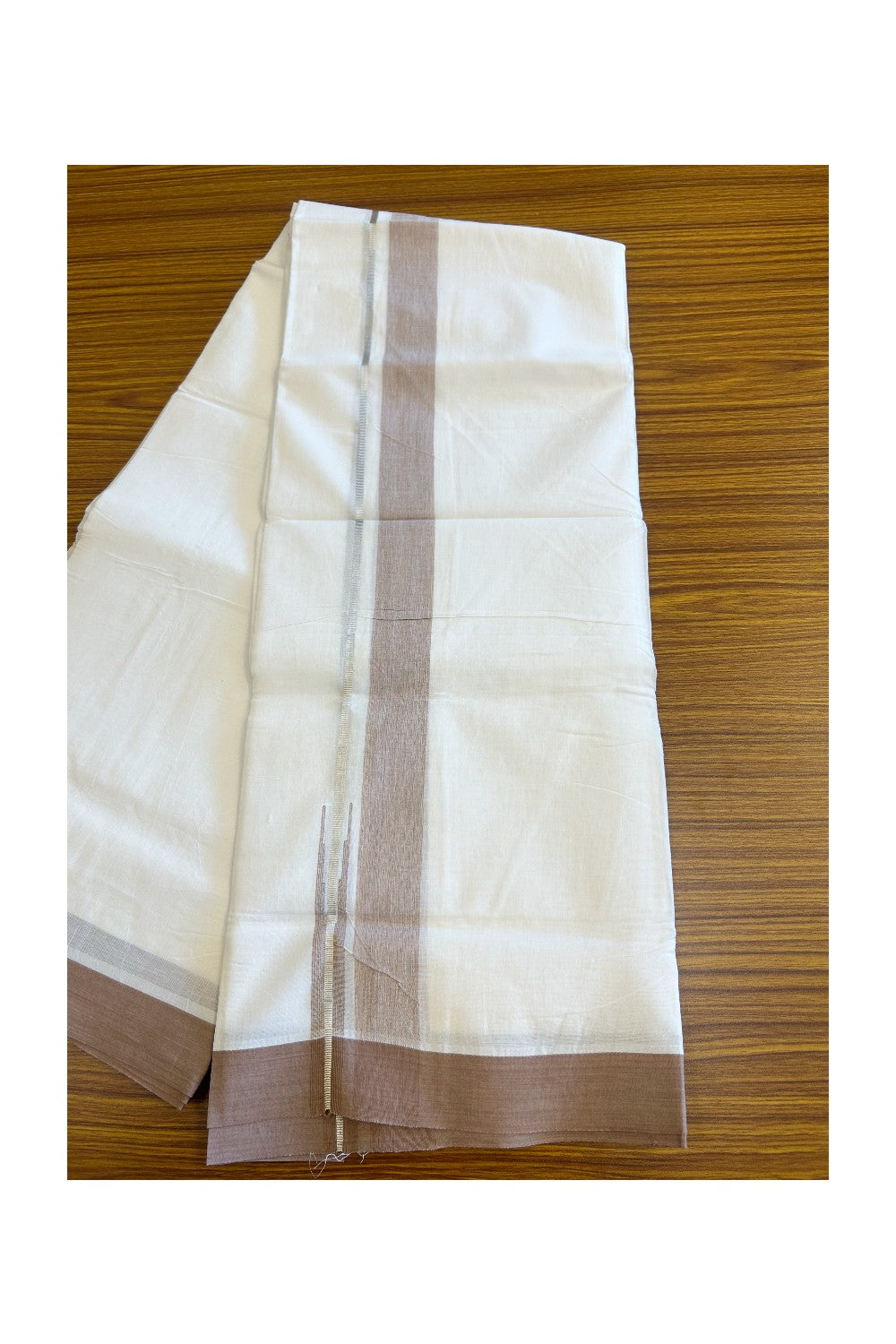 20% DISCOUNT! KaithariKada Balaramapuram 100% Cotton PURE WHITE Double Mundu/Dhoti-100x92 Puliyilakkara Chutty Silver Kasavu & Light Brown 1.5 inch Shaded Kara- 124