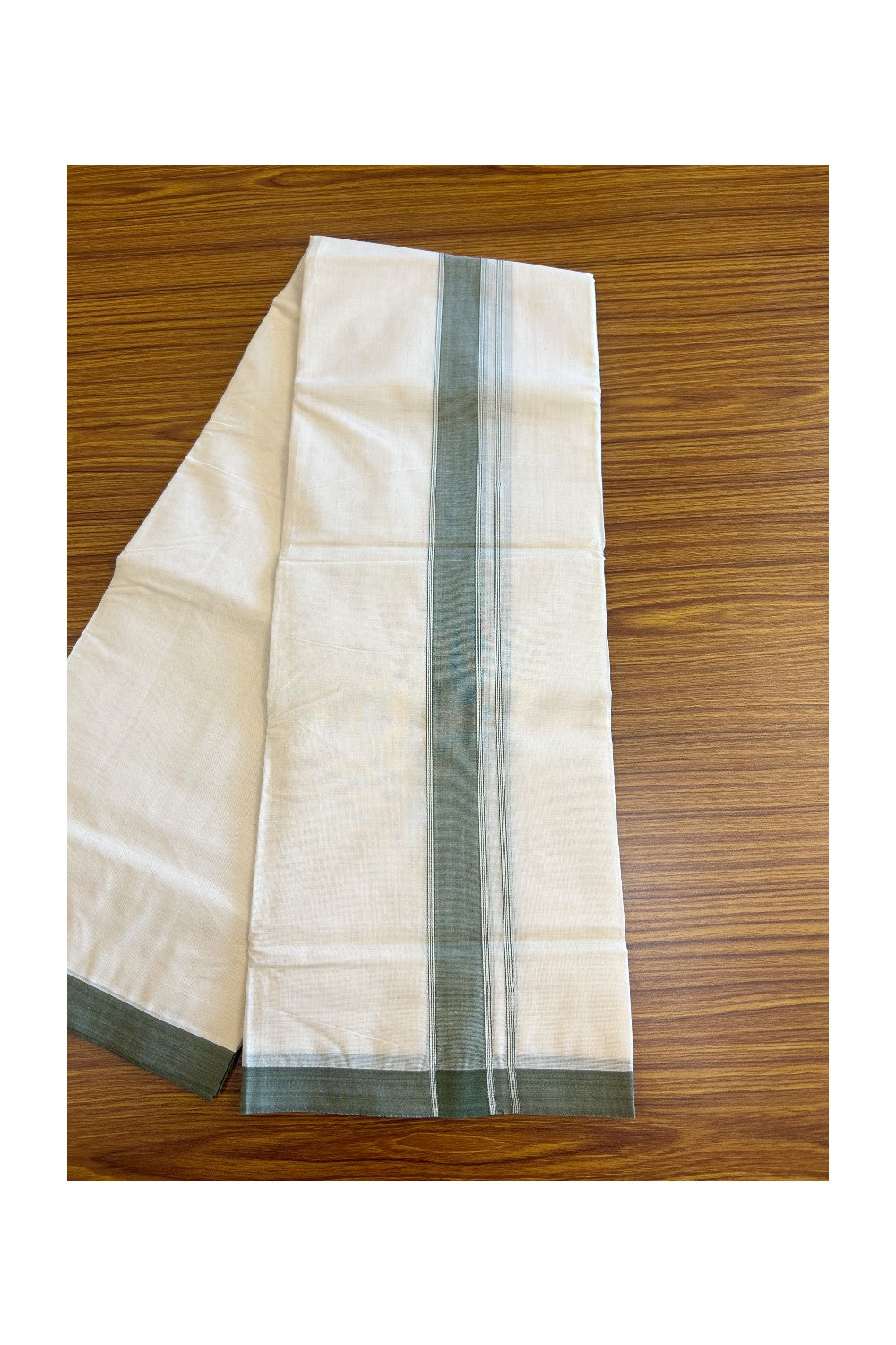 10% Discount KaithariKada Balaramapuram 100% Cotton Double Off white - (Unbleached) - Mundu/Dhoti-100x80 - 2.25.inch Seaweed Green Kara 3.75 mtr - 162