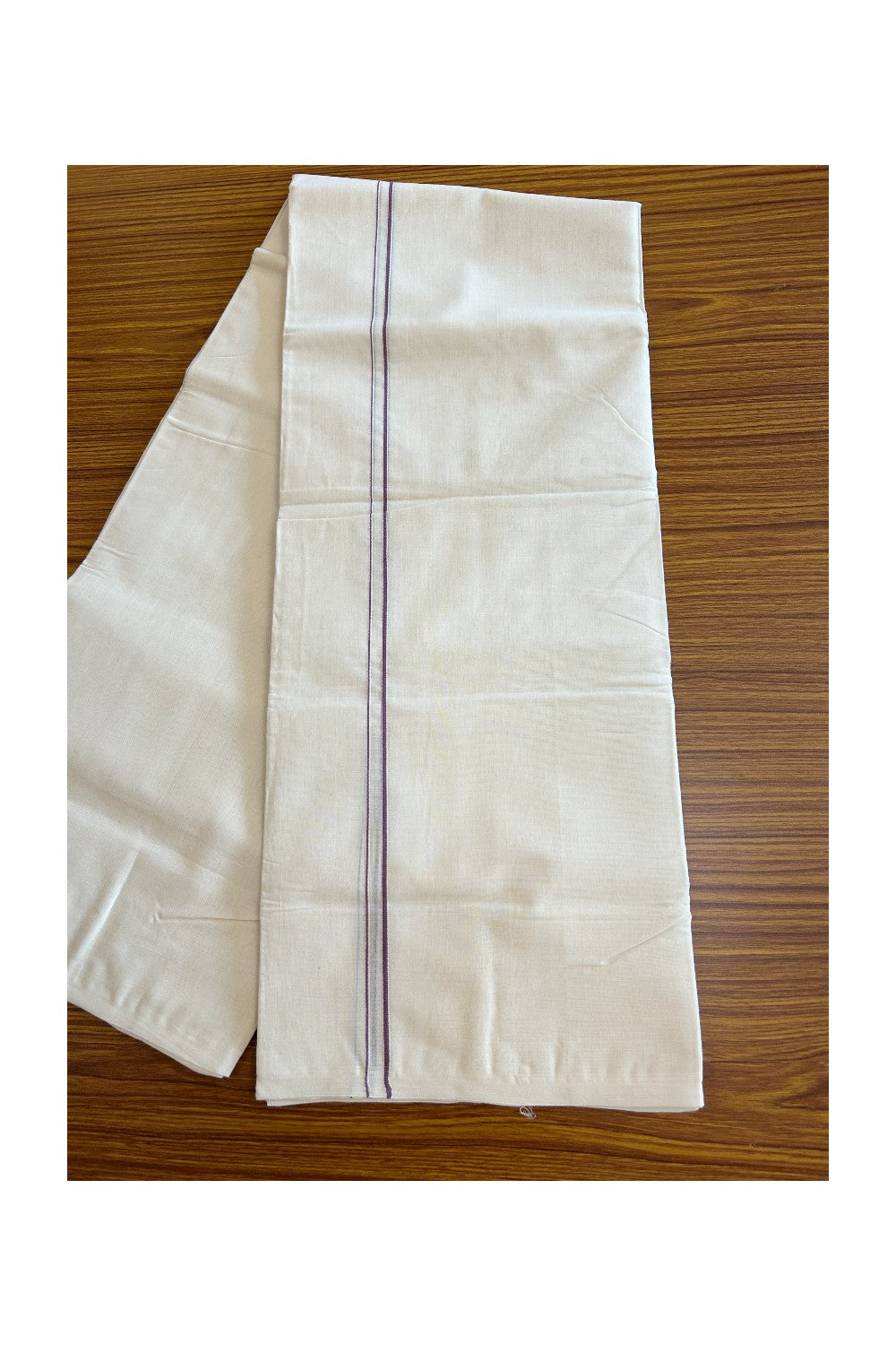 15% DISCOUNT! KaithariKada HANDLOOM Millpaav Balaramapuram - 100% PURE Cotton Off White Double - (Unbleached) Mundu/Dhoti - 1cm Purple Erkkilkara - 14KK5065KK