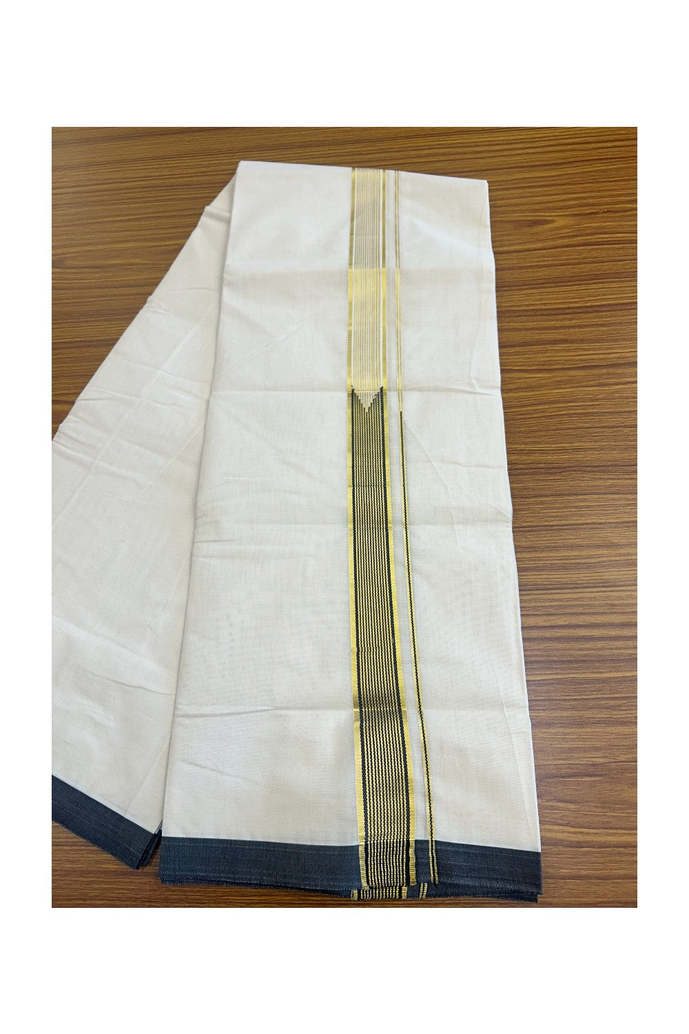 15% DISCOUNT! KaithariKada Balaramapuram 100% Cotton Double Off white - (Unbleached) Mundu/Dhoti-100x100 Chutty Heavy Designer Black & Kasavu 1.5 inch Kara- 151123ASH020.