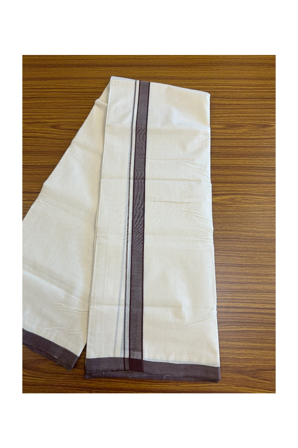 15% DISCOUNT! KaithariKada BALARAMAPURAM HANDLOOM Unakkupaav- 100% PURE Cotton 100x100 3.80 METER Double Mundu/Dhoti OFF WHITE (Unbleached)  - Dark Brown Kara