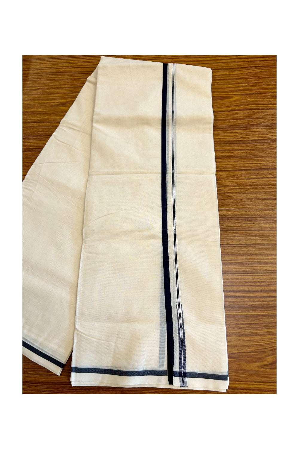 34% Discount KaithariKada Balaramapuram 100% Cotton Double Off white - (Unbleached) - Mundu/Dhoti- 100x100 - 0.25 inch Chutty Puliyilakkara Navy Blue Kara - 14KK5063KK