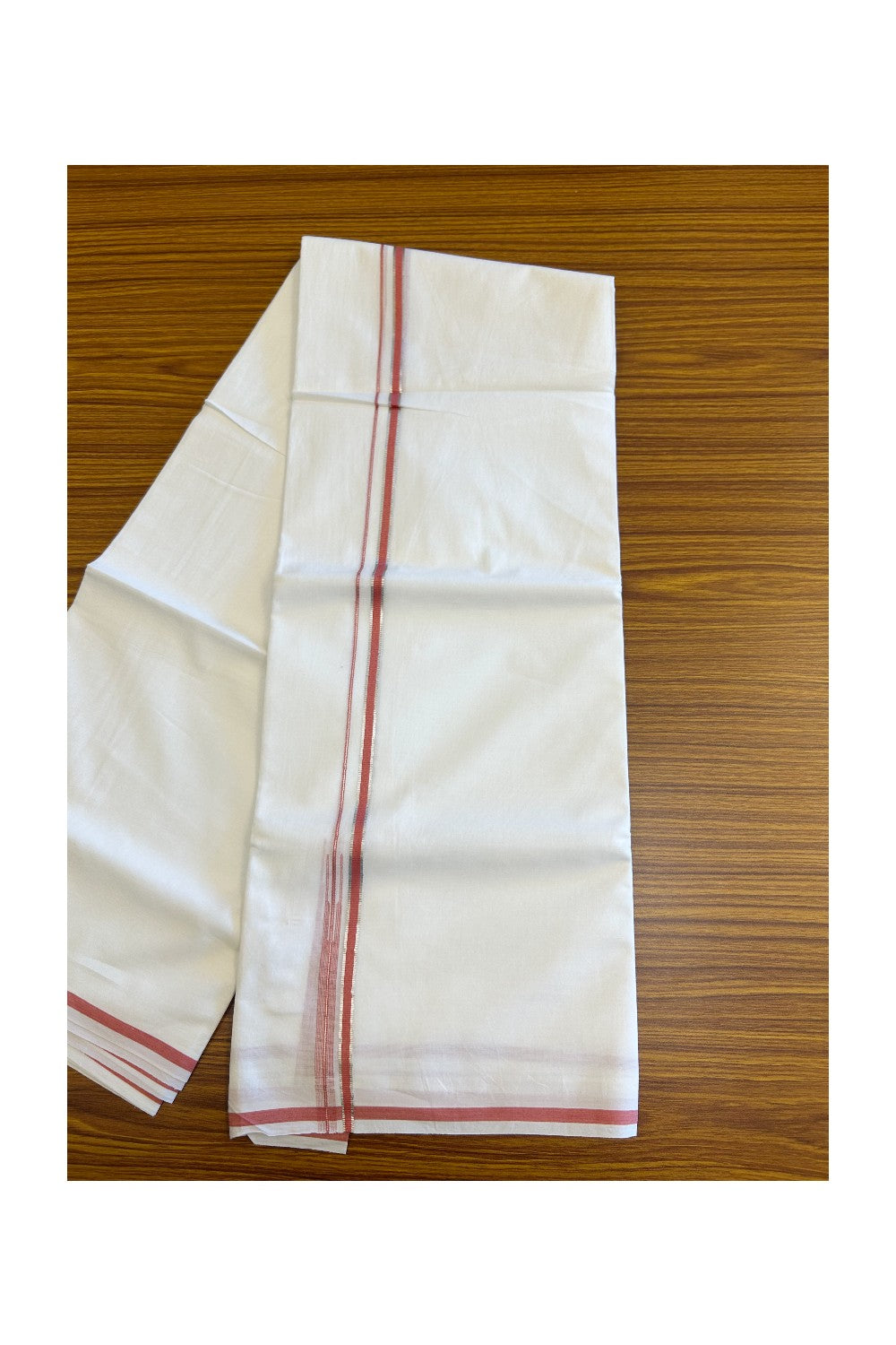 19% Discount !! KaithariKada Balaramapuram 100% Cotton PURE WHITE Double Mundu/Dhoti-100x100 - 1 cm Puliyilakkara Silver Kasavu & Peach Chutty Kara - 14KK5066KK