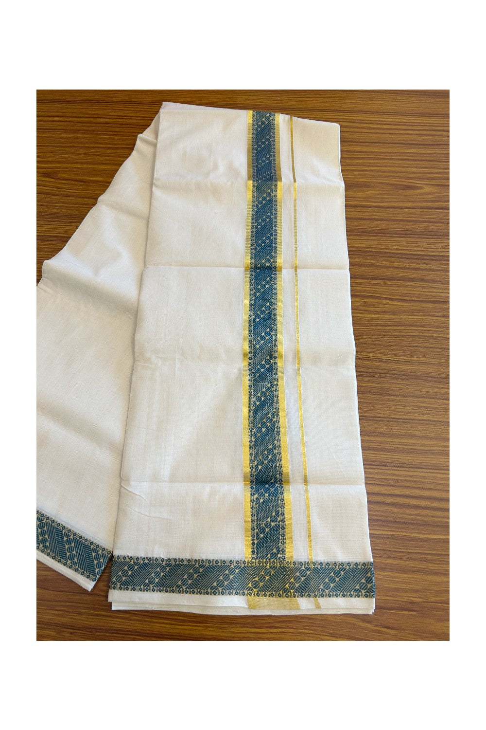 30% Discount!!! KaithariKada HANDLOOM UNAKKUPAAV Balaramapuram - 100% PURE Cotton off white (Unbleached) 100x100 - Double Mundu/Dhoti - 2.75 inch Kasavu & Peacock Blue pattern kara - 13KK5096YAR