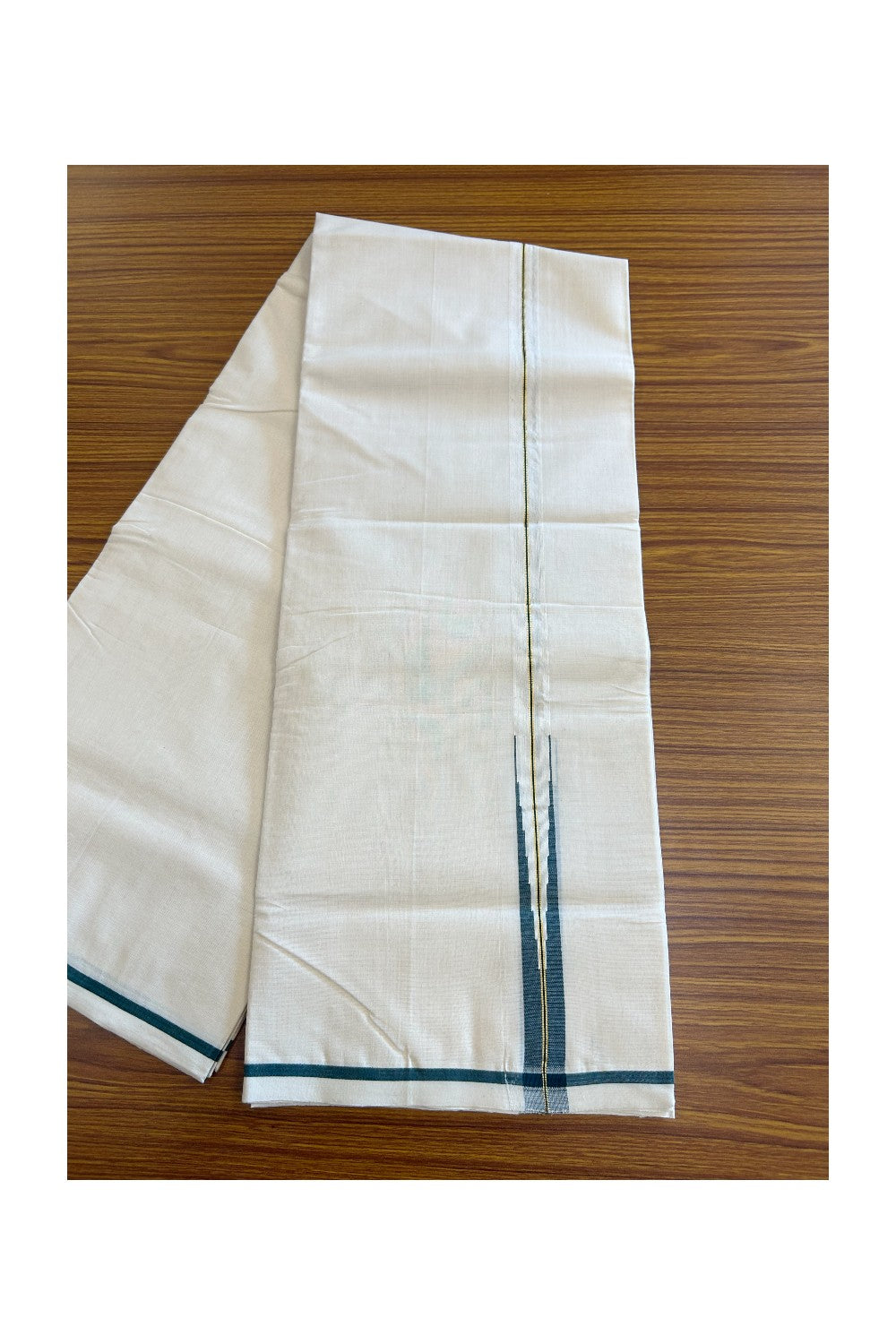 30% DISCOUNT!! KaithariKada HANDLOOM Millpaav Balaramapuram - 100% PURE Cotton OFF White - (Unbleached) Double Mundu/Dothi - 1 inch puliyilakkara Kasavu & Dark Green chutty Kara - 14KK5105RAM