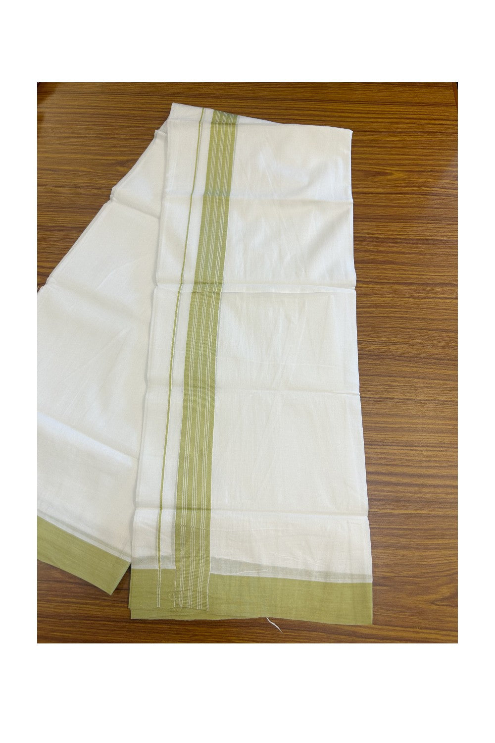 20% DISCOUNT! KaithariKada Balaramapuram 100% Cotton Double PURE white Mundu/Dhoti - 100x80 - 1.25 Inch Light Green Center Striped Kara - 14KK5135GAN