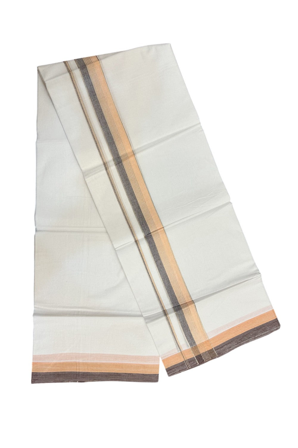 20% Discount !! KaithariKada Balaramapuram Double PURE WHITE Mundu/Dhoti- 100x80 - 1.5 inch Peach Brown Kara Silver Striped kara - 14KK5143PMC